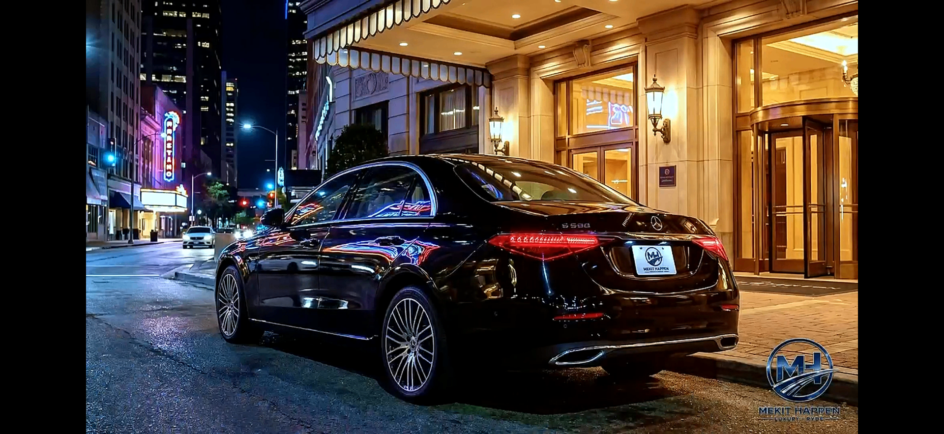 Mercedes-Benz E-Class parked outside a Houston hotel at night